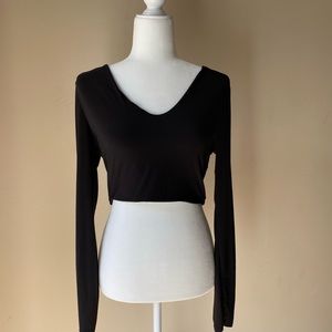 Black Second Skin Long Sleeve V Neck Crop Top